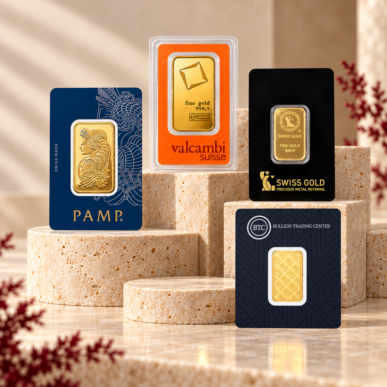 Certified PAMP, Valcambi, Swiss Gold and BTC gold bars displayed on warm travertine stone