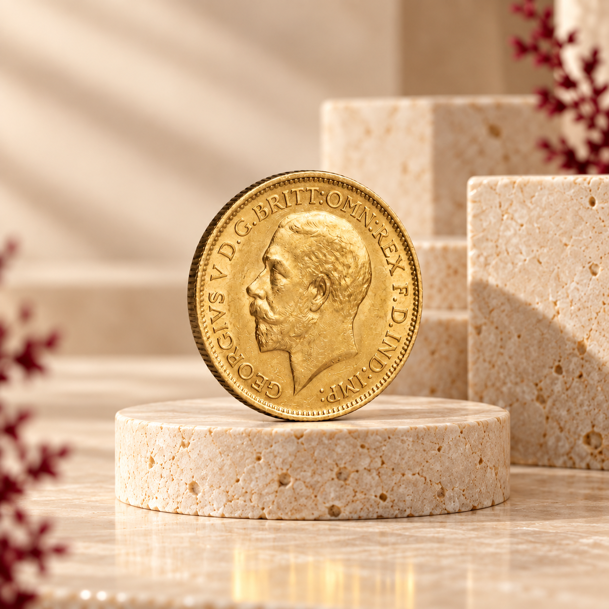 UAE gold sovereign coin displayed on warm travertine stone