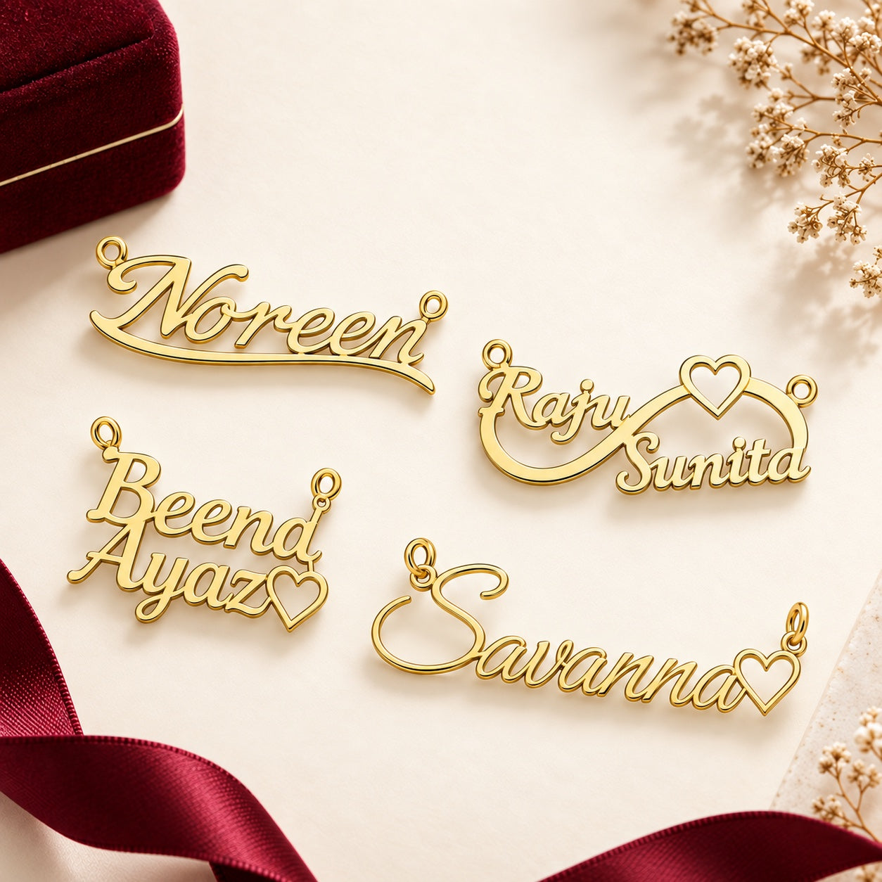 Personalised gold name pendants in English and Arabic styles