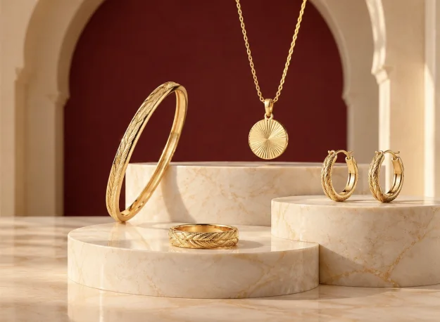 Gold gift jewellery: bangle, necklace, ring and earrings on marble plinths
