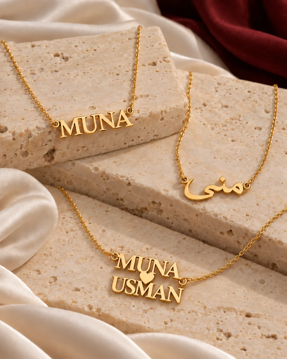 Gold name necklaces in English and Arabic