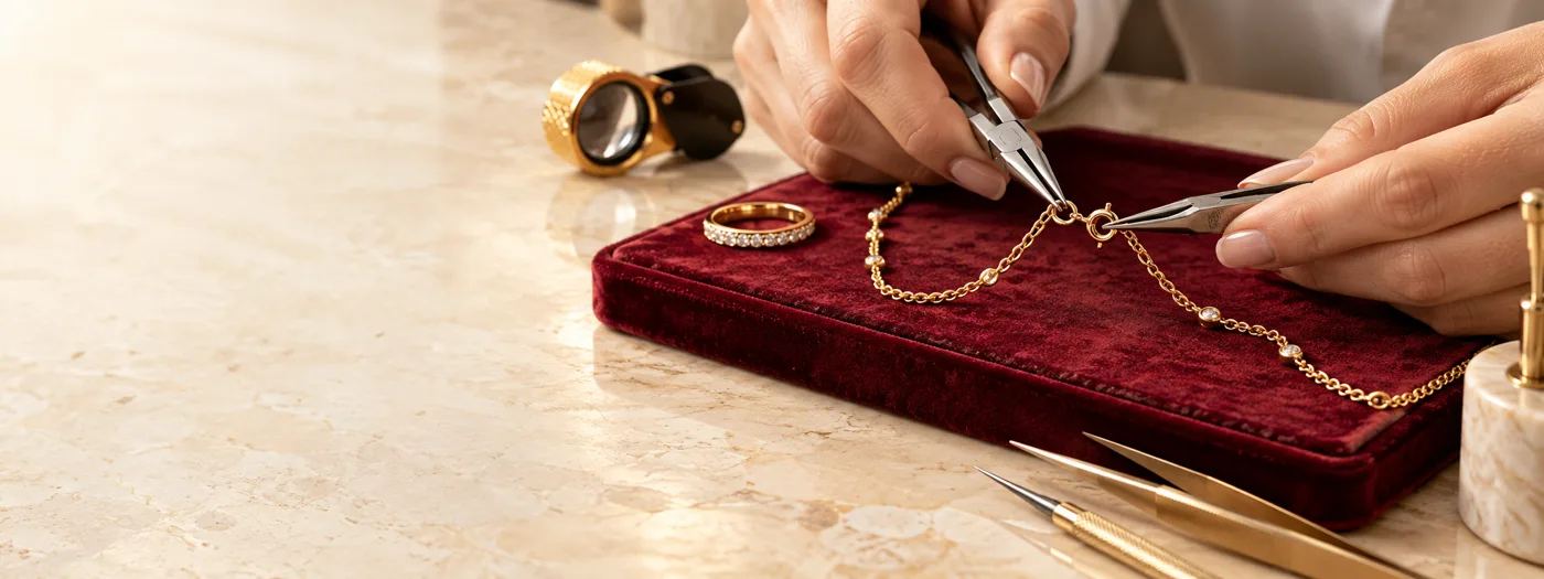 Jeweller repairing a gold chain on a velvet tray